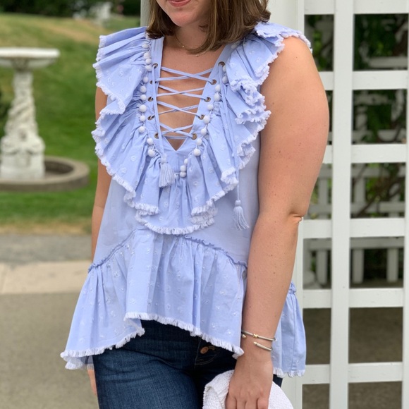 Misa Los Angeles Blue Embroidered Ruffle Top - Picture 5 of 5